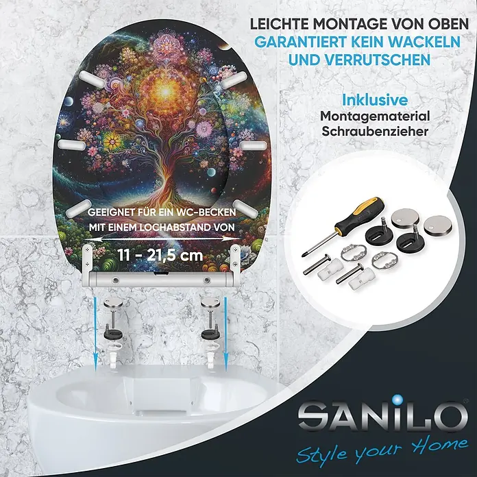 SANILO WC-Sitz Cosmora mit Schnellverschluss - MDF, Bunt, Mit Absenkautomatik - Toilettensitz mit buntem 'Lebensbaum'-Design, auf einer Toilette mit Montagematerial und Schraubendreher. Einfache Top-Montage, passt für 11-21,5 cm Lochabstand.