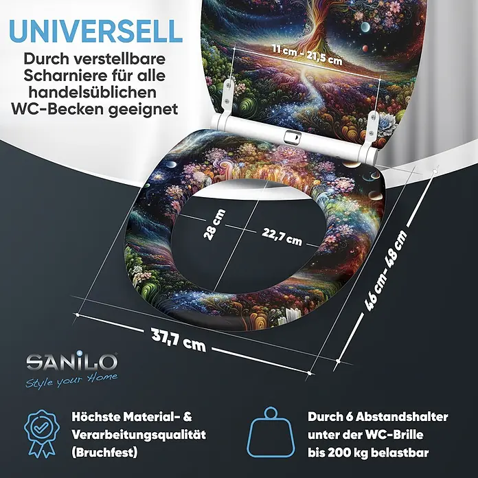 SANILO WC-Sitz Cosmora mit Schnellverschluss - MDF, Bunt, Mit Absenkautomatik - Farbenfroher Toilettensitz mit abstraktem, lebendigem Design, verstellbaren Scharnieren und universeller Passform.