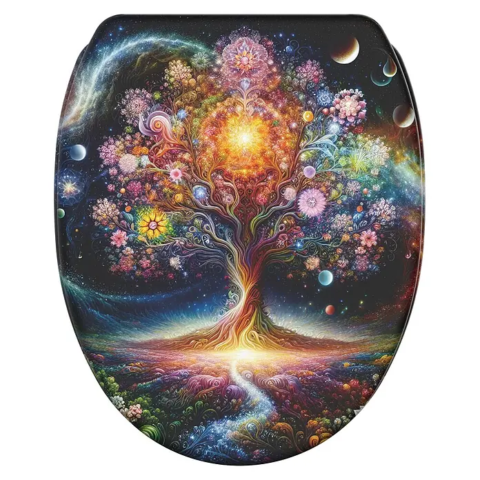 SANILO WC-Sitz Cosmora mit Schnellverschluss - MDF, Bunt, Mit Absenkautomatik - Toilettensitzbezug mit lebendigem, kosmischem 'Baum des Lebens'-Design, das Sterne, Galaxien und Planeten zeigt.