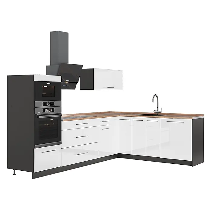 Vicco Eckküche - B x T: 287 x 60 cm, Weiß Hochglanz, Ohne Elektrogeräte - Moderne L-förmige Küchenzeile mit weißen Hochglanzschränken, Holz-Arbeitsplatte, dunkelgrauen Paneelen, Einbauöfen, Kochfeld, Spüle und Dunstabzugshaube.