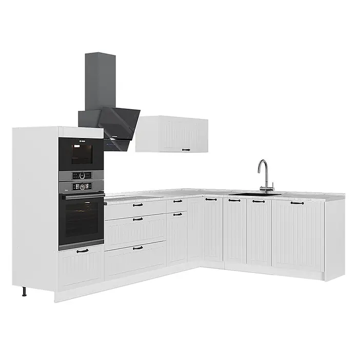 Vicco Eckküche - B x T: 287 x 51,6 cm, Weiß Landhaus, Ohne Elektrogeräte - Weiße L-förmige Küchenzeile mit geriffelten Schranktüren, integrierten schwarzen Öfen, Mikrowelle, passender Dunstabzugshaube und Spüle.