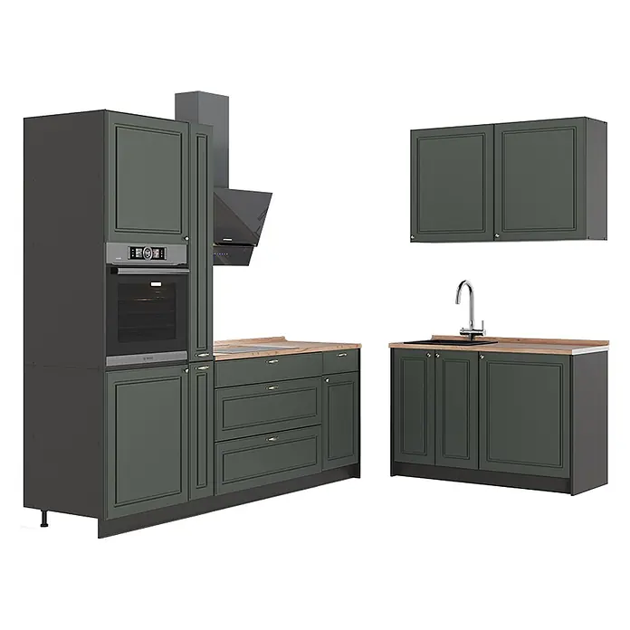 Vicco Eckküche - B x T: 220 x 60 cm, Grün-Gold Landhaus, Ohne Elektrogeräte - Dunkelgraue modulare Küche mit Holzoptik-Arbeitsplatten, integriertem Ofen, Kochfeld, Spüle und Dunstabzugshaube.