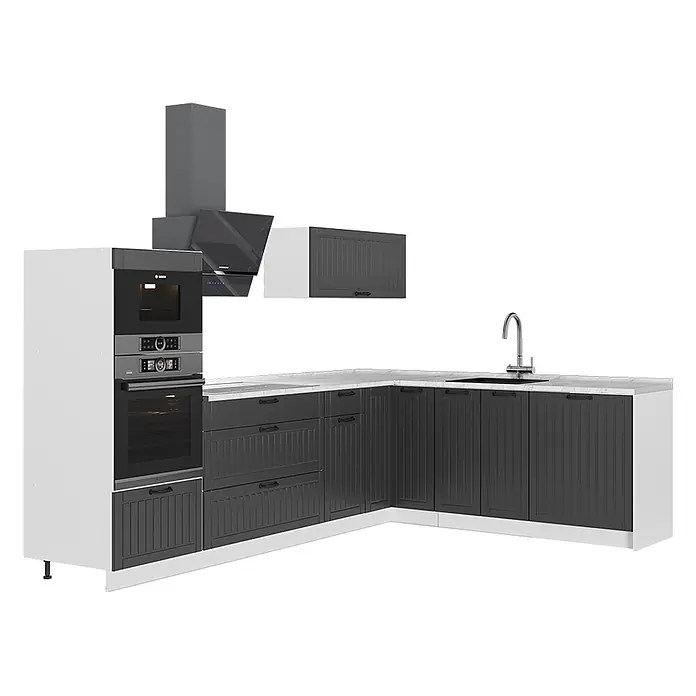 Vicco Eckküche - B x T: 287 x 51,6 cm, Dunkelgrau, Ohne Elektrogeräte - Dunkelgraue Eckküchenzeile mit Paneel-Fronten, weißer Arbeitsplatte, Einbauöfen, Dunstabzugshaube und Spüle.