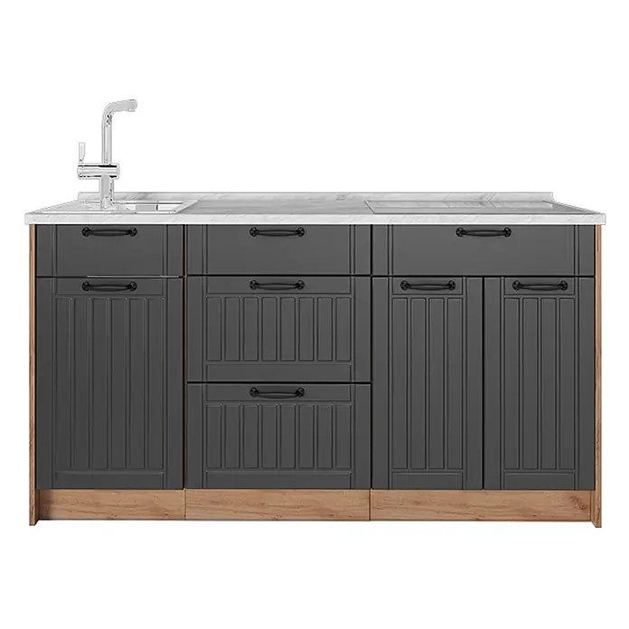 Vicco Küchenleerblock - Breite: 150 cm, Dunkelgrau - Dunkelgrauer Küchenunterschrank mit weißer Arbeitsplatte, Spüle, Wasserhahn und Kochfeld auf holzfarbenem Sockel.