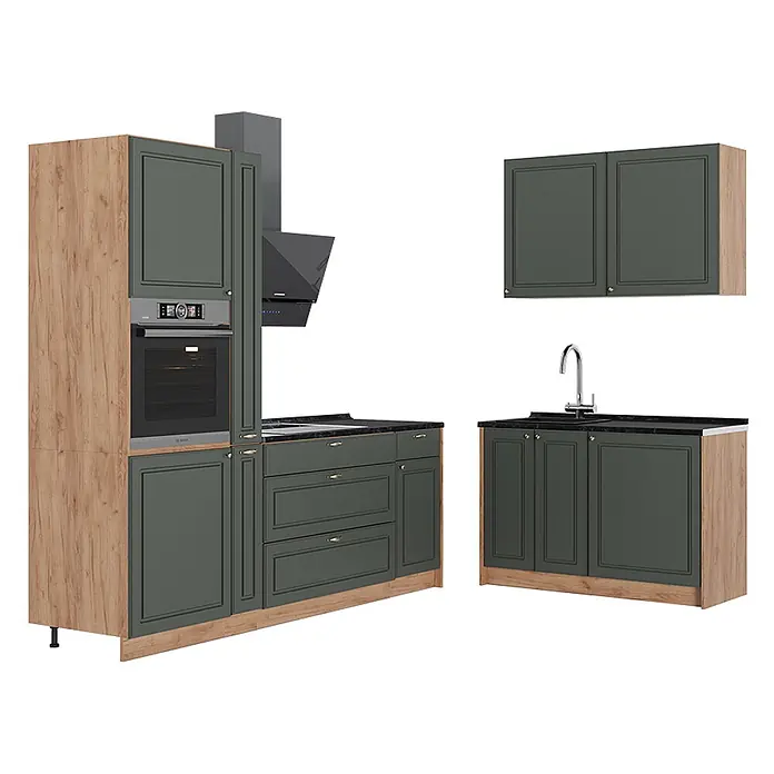 Vicco Eckküche - B x T: 220 x 60 cm, Grün-Gold Landhaus, Ohne Elektrogeräte - Modulare Küchenschrank-Garnitur mit dunkelgrauen Türen, Holzoptik-Rahmen, schwarzen Arbeitsplatten, integriertem Backofen, Kochfeld, Spüle und Dunstabzugshaube.