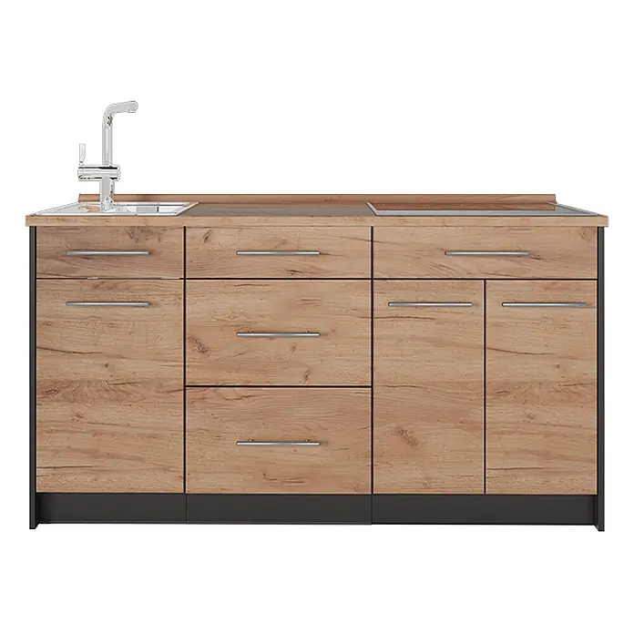 Vicco Küchenleerblock - Breite: 150 cm, Goldkraft Eiche - Kompakte Küchenzeile mit hellen Holzoptikfronten, silbernen Griffen, Spüle, Armatur, Kochfeld und dunklem Sockel.