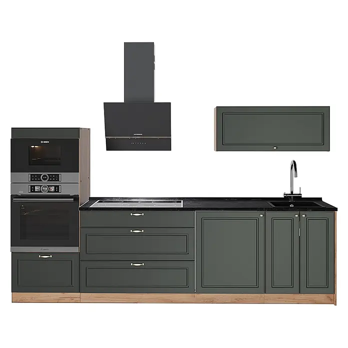Vicco Küchenzeile - Breite: 280 cm, Grün-Gold Landhaus, Ohne Elektrogeräte - Dunkelgraue Modulküche mit integriertem Backofen, Mikrowelle, Kochfeld, Spüle und Dunstabzugshaube, schwarzer Arbeitsplatte und hellem Holzsockel.