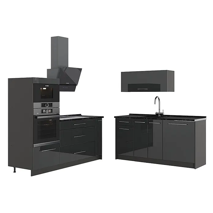 Vicco Küchenzeile - Breite: 340 cm, Anthrazit Hochglanz, Ohne Elektrogeräte - Glänzende, dunkelgraue Modulküche mit integriertem Backofen, Mikrowelle, Spüle und Dunstabzugshaube.