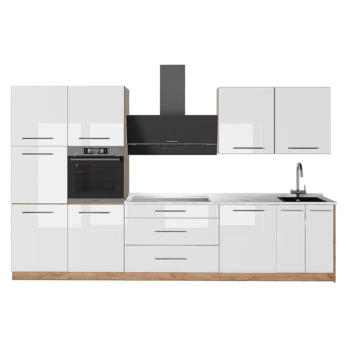 Vicco Küchenzeile - Weiß Hochglanz, Ohne Elektrogeräte - Moderne weiße Hochglanzküche mit integriertem Backofen, Kochfeld, Dunstabzugshaube, Spüle und Holzsockel, Arbeitsplatte in Marmoroptik.