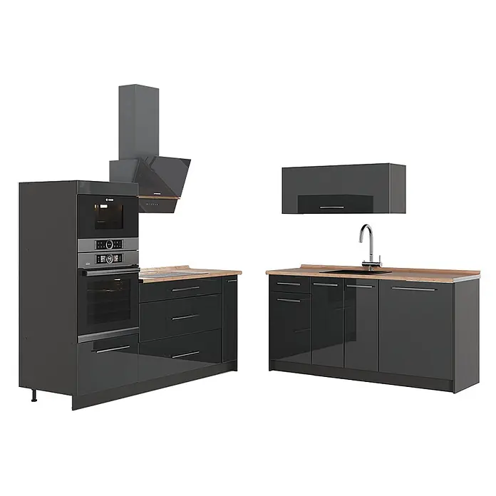 Vicco Küchenzeile - Breite: 340 cm, Anthrazit Hochglanz, Ohne Elektrogeräte - Dunkelgraue Küchenmöbel mit Holz-Arbeitsplatten, integriertem Backofen, Kochfeld, Spüle und Dunstabzugshaube.