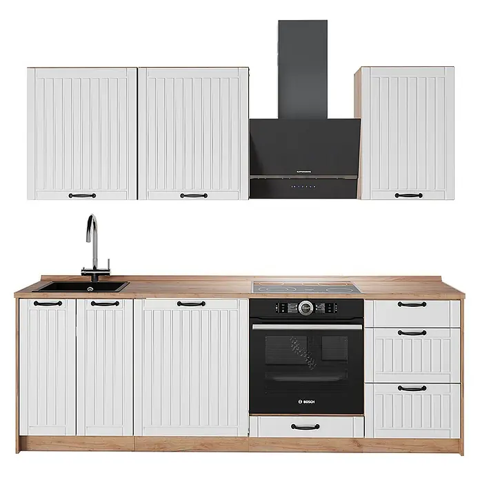 Vicco Küchenzeile - Weiß Landhaus, Ohne Elektrogeräte - Weiße Küchenschränke und Schubladen mit schwarzen Griffen, Holzarbeitsplatte, schwarze Spüle, Backofen, Kochfeld und Dunstabzugshaube.