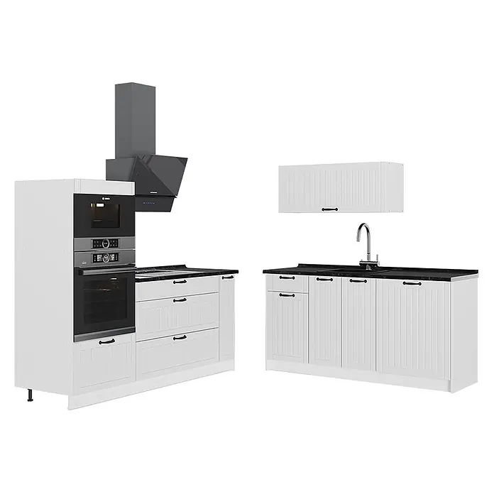 Vicco Küchenzeile - Breite: 340 cm, Weiß Landhaus, Ohne Elektrogeräte - Weißes Modulküchenset mit Rillenfronten, schwarzen Arbeitsplatten, Backofen, Mikrowelle, Kochfeld, Spüle, Hängeschrank und Dunstabzugshaube.