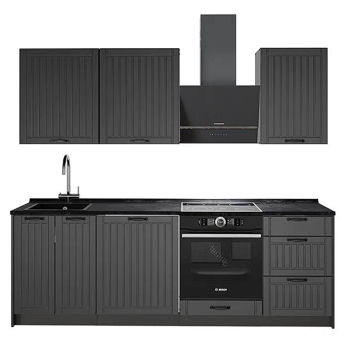 Vicco Küchenzeile - Breite: 230 cm, Dunkelgrau, Ohne Elektrogeräte - Dunkelgraue modulare Küchenzeile mit geriffelten Schränken, Spüle, Kochfeld, Backofen und passender Dunstabzugshaube.