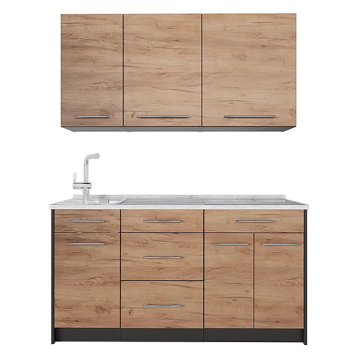 Vicco Singleküche - Goldkraft Eiche, Mit AP Marmor - Küchenzeile aus hellem Holzdekor mit Ober- und Unterschränken, silbernen Griffen, weißer Arbeitsplatte, Spüle und Wasserhahn.