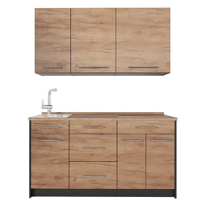 Vicco Singleküche - Goldkraft Eiche, Mit AP Eiche - Küchenzeile aus hellem Holz mit Ober- und Unterschränken, Spüle und Kochfeld, mit dunklem Rahmen und silbernen Griffen.