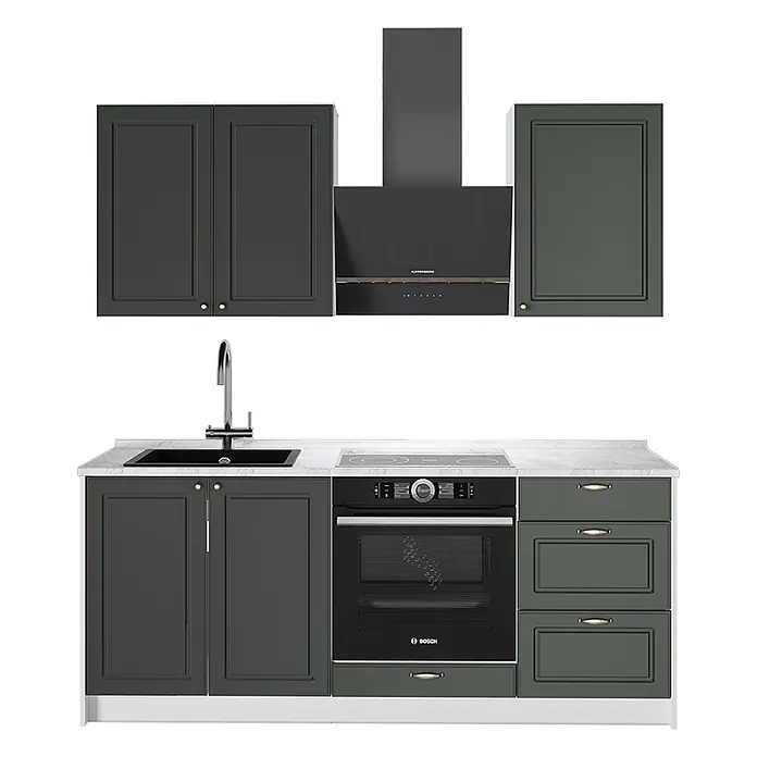 Vicco Singleküche - Breite: 190 cm, Grün-Gold Landhaus, Mit AP Marmor - Dunkelgrüne modulare Küchenzeile mit weißer Marmorarbeitsplatte, integrierter schwarzer Spüle, Induktionskochfeld, Backofen und dunkelgrauer Dunstabzugshaube.