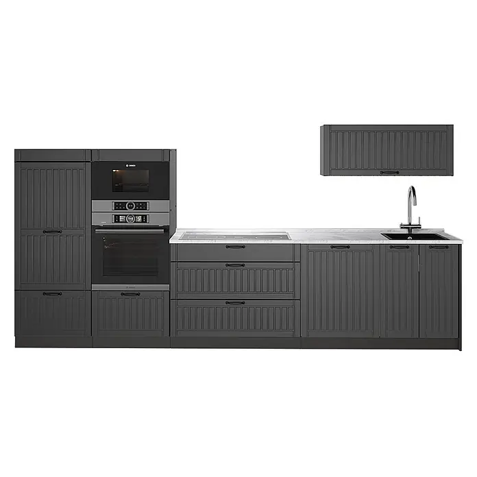 Vicco Küchenzeile - Breite: 340 cm, Dunkelgrau, Ohne Elektrogeräte - Dunkelgraue Küche mit Paneelschränken, weißer Arbeitsplatte, integrierten Bosch-Geräten, Kochfeld, Spüle und Wasserhahn.