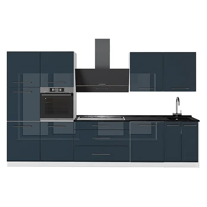 Vicco Küchenzeile - Breite: 340 cm, Dunkelblau Hochglanz, Ohne Elektrogeräte - Glänzende dunkelblaue Küchenzeile mit integriertem Backofen, Kochfeld, Spüle und Dunstabzugshaube, mit schwarzer Arbeitsplatte.