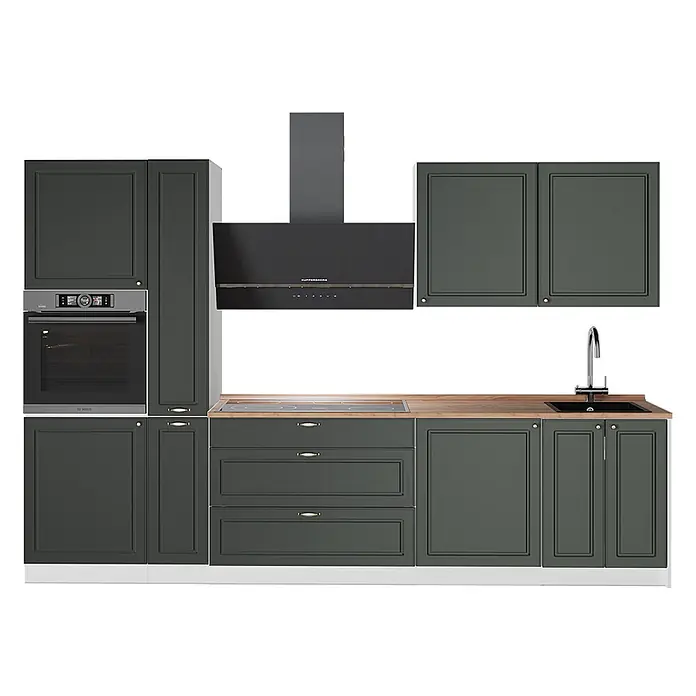 Vicco Küchenzeile - Breite: 310 cm, Grün-Gold Landhaus, Ohne Elektrogeräte - Moderne dunkelgrüne Küche mit Holztheke, eingebautem Backofen, Kochfeld, Spüle und Dunstabzugshaube.