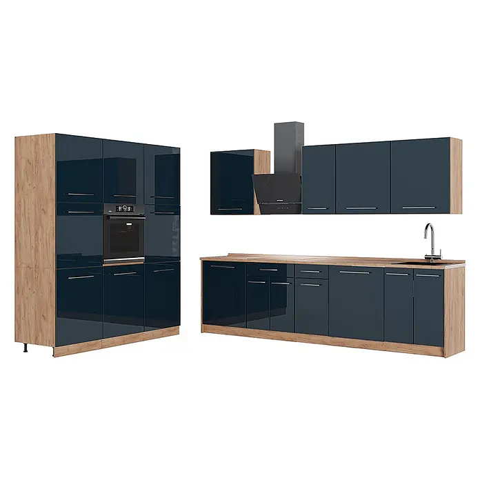Vicco Küchenzeile - Dunkelblau Hochglanz, Ohne Elektrogeräte - Dunkelblaue Hochglanz-Küchenzeile mit hellen Holzdetails, integriertem Backofen, Kochfeld und Spüle.