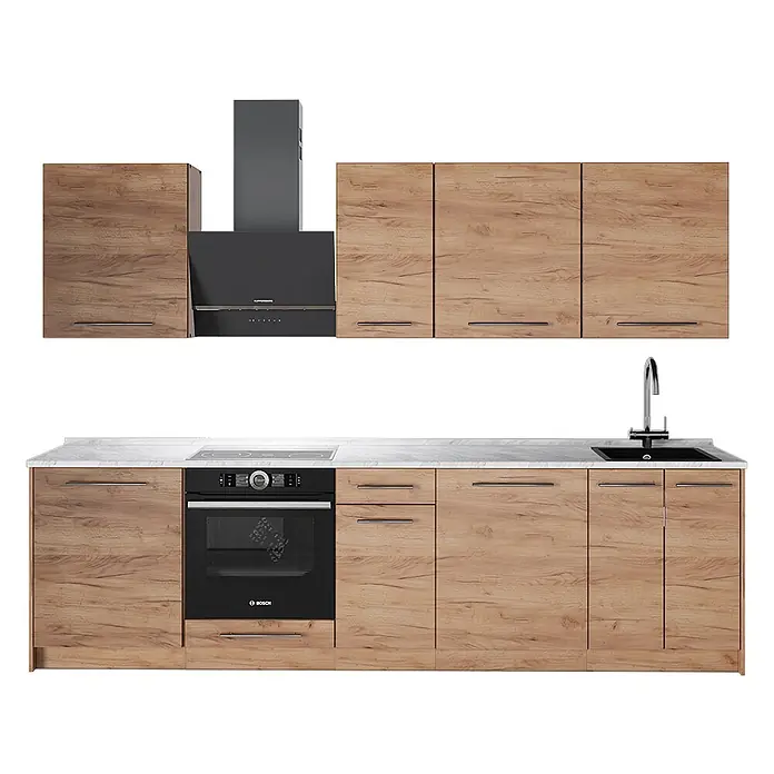 Vicco Küchenzeile - Breite: 280 cm, Goldkraft Eiche, Ohne Elektrogeräte - Helle Küche aus Holzmaserung mit weißer Marmorplatte, schwarzem Ofen, Kochfeld, Spüle und Dunstabzugshaube.