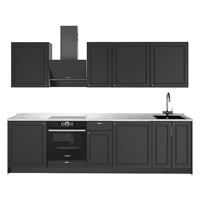 Vicco Küchenzeile - Breite: 280 cm, Anthrazit-Gold Landhaus, Ohne Elektrogeräte - Moderne dunkelgraue Küchenzeile mit integriertem Backofen, Kochfeld, Spüle und Dunstabzugshaube, mit weißer Marmorplatte.