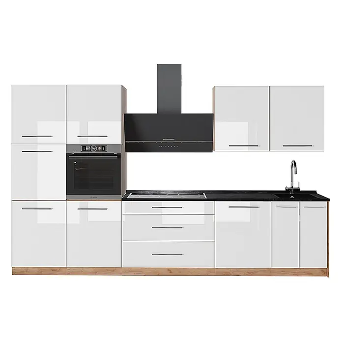 Vicco Küchenzeile - Weiß Hochglanz, Ohne Elektrogeräte - Moderne, weiße Hochglanzküche mit schwarzer Arbeitsplatte, integriertem Backofen, Kochfeld, Spüle und dunkler Dunstabzugshaube auf Holzsockel.