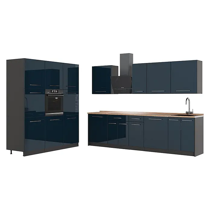 Vicco Küchenzeile - Dunkelblau Hochglanz, Ohne Elektrogeräte - Moderne hochglänzende dunkelblaue Küche mit Holzarbeitsplatte, Einbauofen, Kochfeld, Spüle und Dunstabzugshaube.