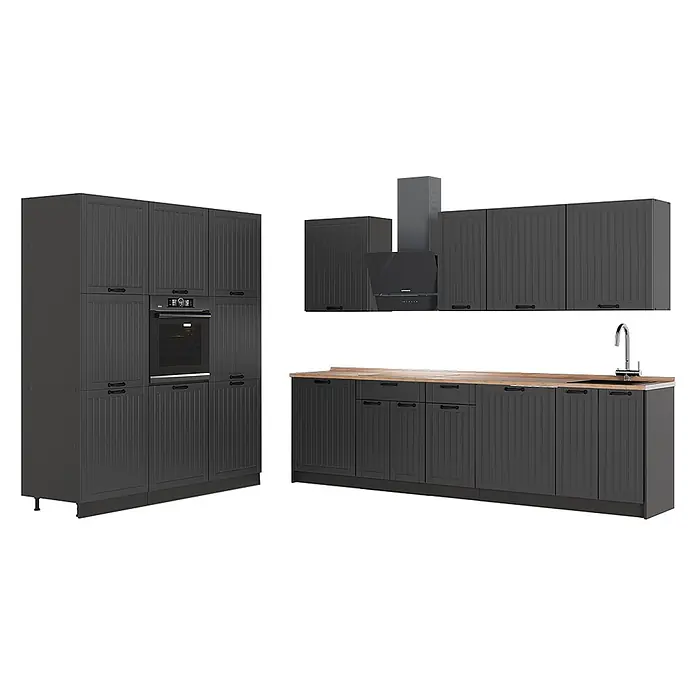 Vicco Küchenzeile - Breite: 460 cm, Dunkelgrau, Ohne Elektrogeräte - Dunkelgraue gerillte Küchenschränke mit Holzoptik-Arbeitsplatte, integriertem Backofen, Kochfeld, Spüle und Dunstabzugshaube.