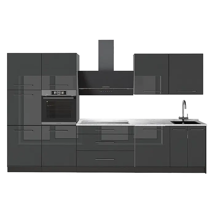 Vicco Küchenzeile - Anthrazit Hochglanz, Ohne Elektrogeräte - Moderne hochglanz anthrazitfarbene Küche mit integriertem Backofen, Kochfeld, Spüle und Dunstabzugshaube.