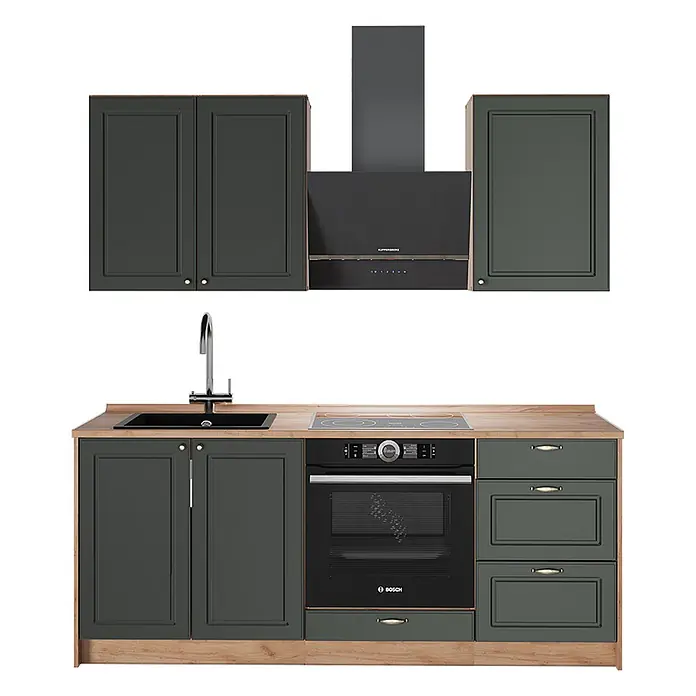 Vicco Singleküche - Breite: 190 cm, Grün-Gold Landhaus, Mit AP Eiche - Modulare Küchenzeile mit dunkelgrünen Schränken, heller Holzoptik-Arbeitsplatte, integrierter Spüle, Wasserhahn, Kochfeld, Backofen und Dunstabzugshaube.