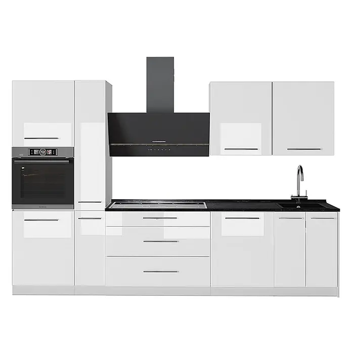 Vicco Küchenzeile - Weiß Hochglanz, Ohne Elektrogeräte - Moderne Küchenzeile mit weißen Hochglanzschränken, schwarzer Arbeitsplatte, Backofen, Kochfeld, Dunstabzugshaube und Spüle.