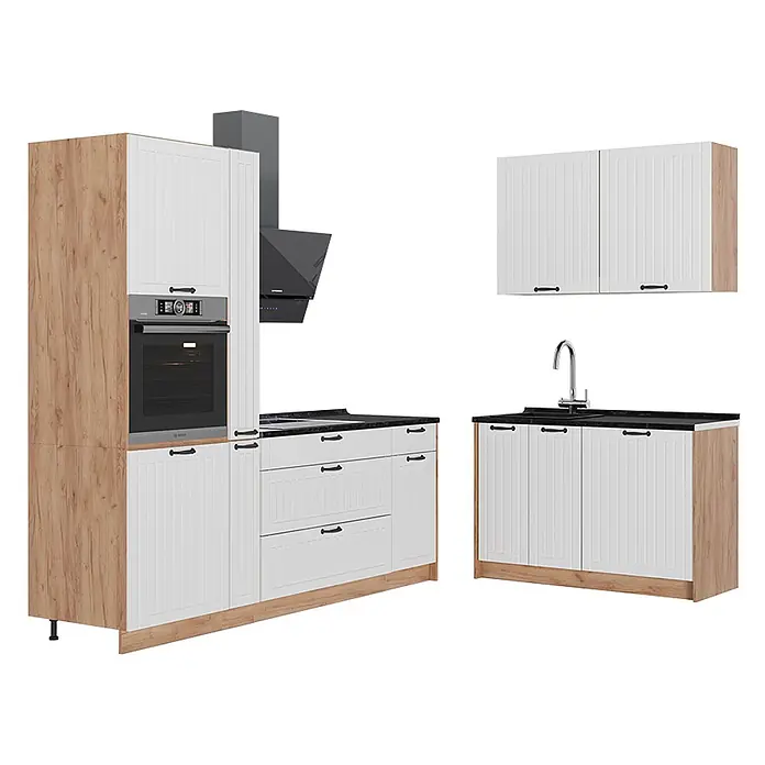 Vicco Eckküche - B x T: 220 x 60 cm, Weiß Landhaus, Ohne Elektrogeräte - Weiße gerillte Küchenschränke mit Holzoptik-Seiten, schwarzen Arbeitsplatten und integriertem Ofen, Dunstabzug, Spüle.