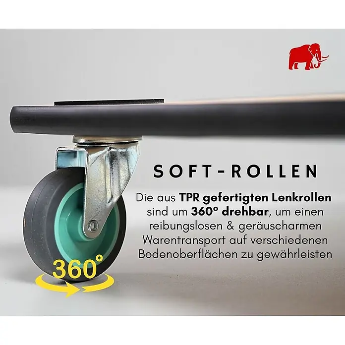 Proregal Transportroller HERCULES 4 Stück Sperrholzplatte - Traglast: 150 kg, Holz - Ein schwarzes TPR-Lenkrad mit grüner Nabe und silbernem Gehäuse, 360° drehbar für geräuscharmen und reibungslosen Transport.