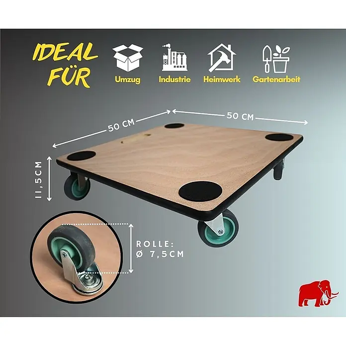 Proregal Transportroller HERCULES 4 Stück Sperrholzplatte - Traglast: 150 kg, Holz - Quadratisches Holz-Rollbrett mit Anti-Rutsch-Pads und Rollen, 50x50 cm, 11,5 cm hoch.