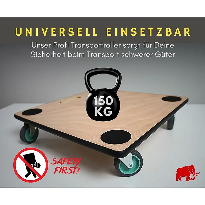 Proregal Transportroller HERCULES 4 Stück Sperrholzplatte - Traglast: 150 kg, Holz - Hölzerner Transportroller mit Rollen, beladen mit einer 150-kg-Kugelhantel, zur Demonstration des Transports schwerer Güter.