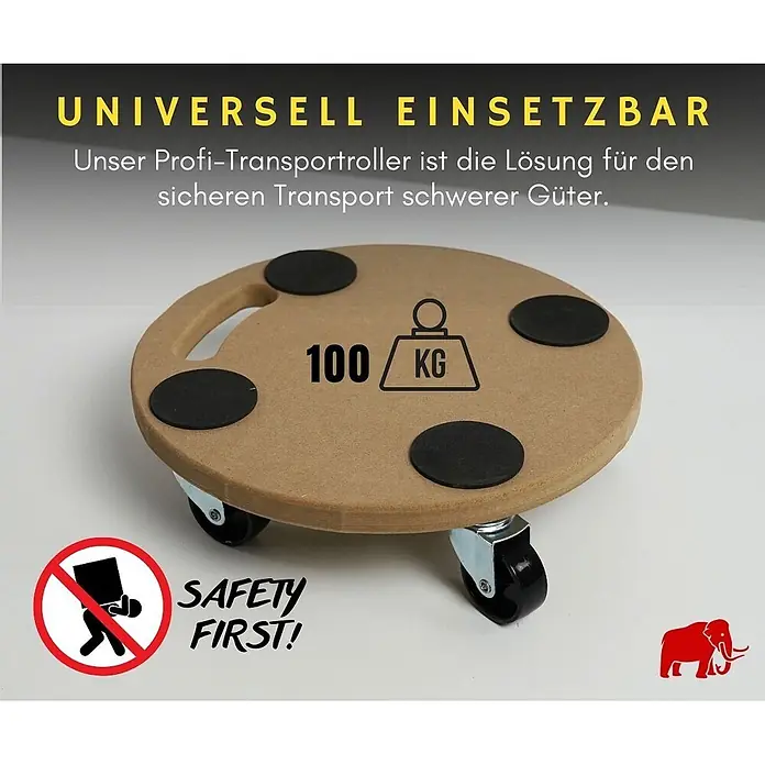 Proregal Transportroller HERCULES Rund MDF Holzplatte - Traglast: 100 kg, Holz - Holzfarbenes Rollbrett mit schwarzen Anti-Rutsch-Pads und Rollen, für den sicheren Transport von Lasten bis 100 kg.
