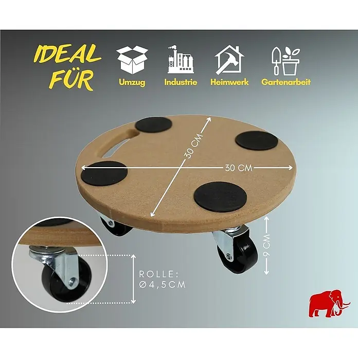 Proregal Transportroller HERCULES Rund MDF Holzplatte - Traglast: 100 kg, Holz - Braunes rundes Rollbrett (30 cm Durchmesser) aus Holz mit vier Lenkrollen und Anti-Rutsch-Pads. Gesamthöhe 9 cm.