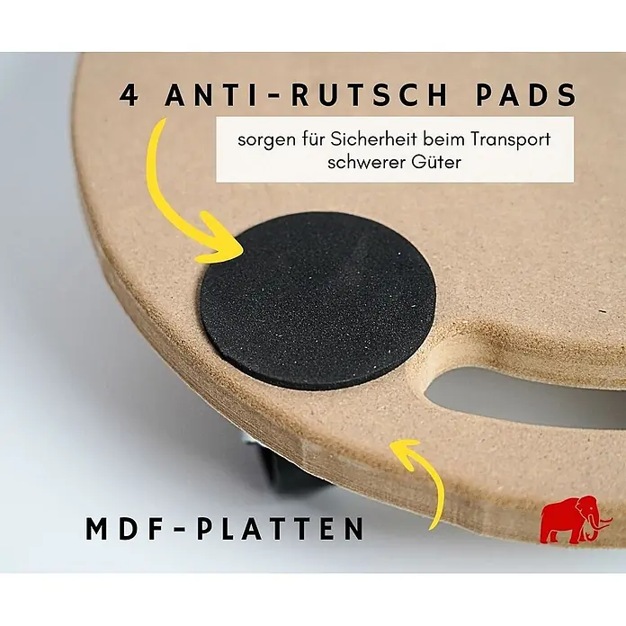 Proregal Transportroller HERCULES Rund MDF Holzplatte - Traglast: 100 kg, Holz - Nahaufnahme eines hellbraunen MDF-Transportrollers mit schwarzem Anti-Rutsch-Pad, für den sicheren Transport schwerer Güter.