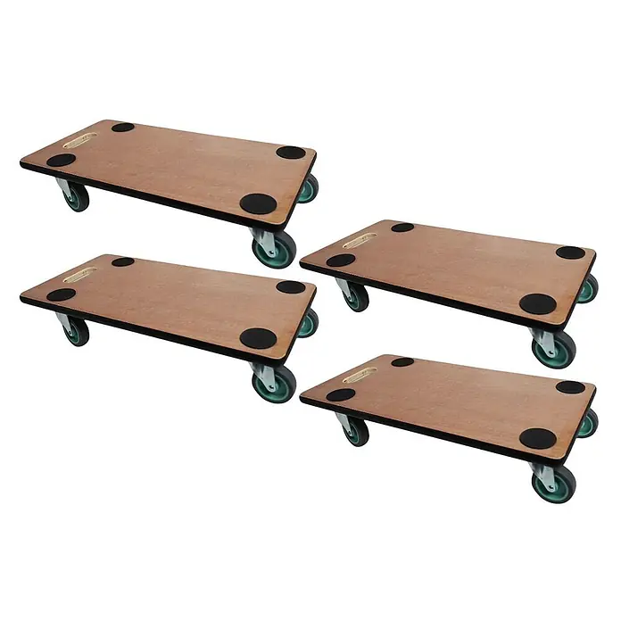 Proregal Transportroller HERCULES 4 Stück Sperrholzplatte - Traglast: 200 kg, Holz - Vier braune Möbelroller aus Holz mit schwarzen Antirutschpads und grünen Rollen, zum Bewegen schwerer Gegenstände.