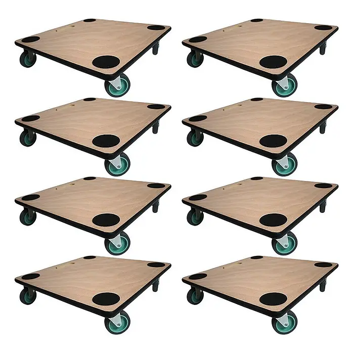 Proregal Transportroller HERCULES 8 Stück Sperrholzplatte - Traglast: 150 kg, Holz - Acht Holz-Möbelroller mit schwarzen Anti-Rutsch-Pads und grünen Rollen.