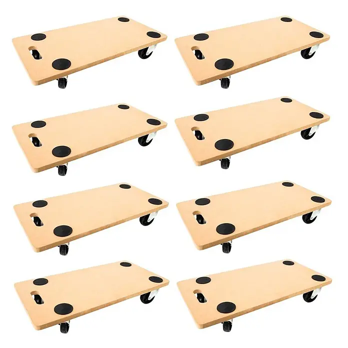 Proregal Transportroller HERCULES 8 Stück MDF Holzplatte - Traglast: 200 kg, Holz - Acht hellbraune Holz-Transportroller mit schwarzen Lenkrollen und rutschfesten Pads.