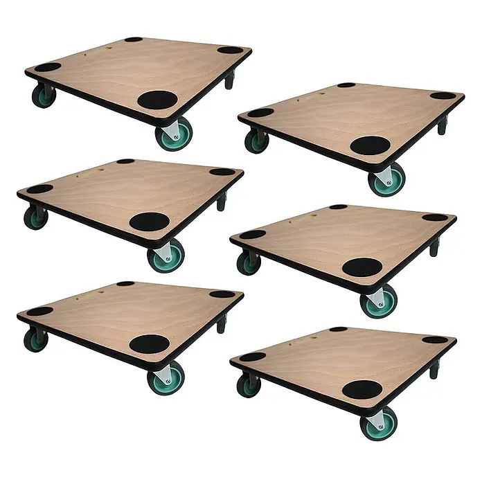 Proregal Transportroller HERCULES 6 Stück Sperrholzplatte - Traglast: 150 kg, Holz - Sechs hellbraune Holz-Möbelroller mit schwarzen Anti-Rutsch-Pads und grünen Lenkrollen zum einfachen Transport.