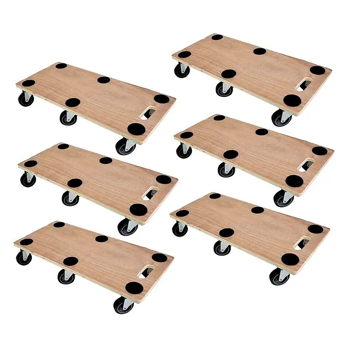 Proregal Transportroller HERCULES 6 Stück Sperrholzplatte - Traglast: 300 kg, Holz - Sechs helle Holzrollbretter mit schwarzen Anti-Rutsch-Pads und Lenkrollen zum Möbeltransport.