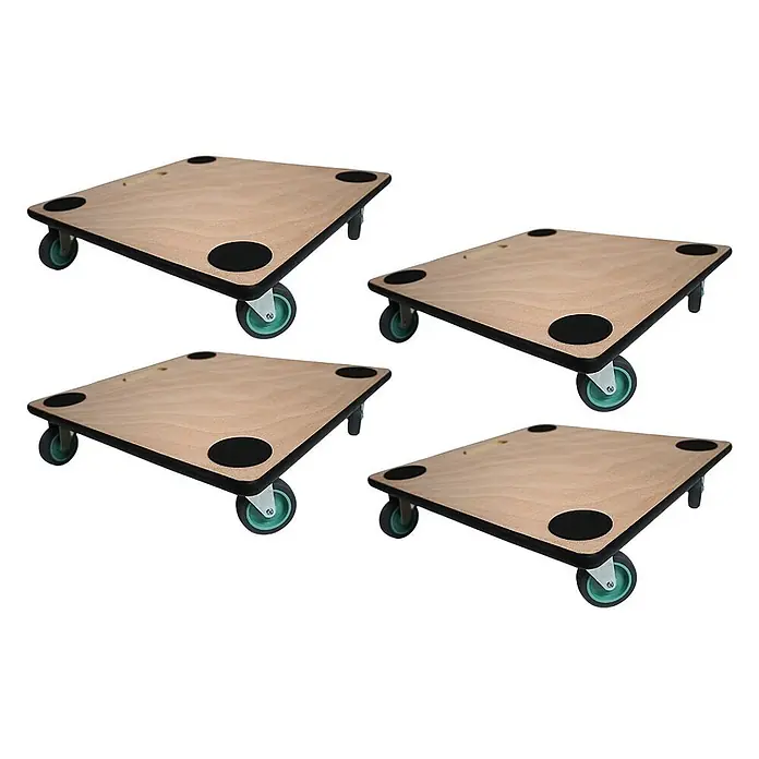 Proregal Transportroller HERCULES 4 Stück Sperrholzplatte - Traglast: 150 kg, Holz - Vier hölzerne Möbelroller mit schwarzen Antirutschpads und grünen Lenkrollen.