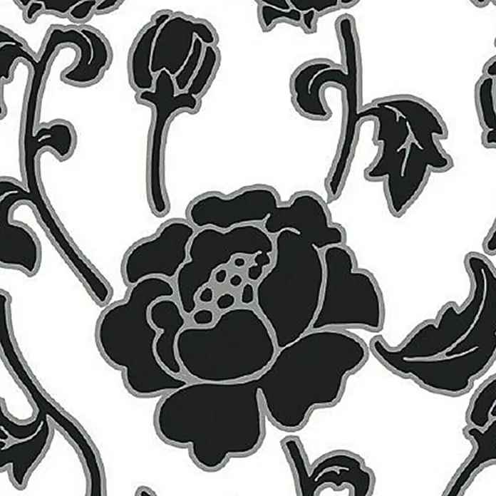 Komar Dekosticker Tiffany - Tiffany, 50 x 70 cm, Schwarz - Elegantes florales Muster mit stilisierten Rosenblüten und Blättern in Schwarz und Grau auf weißem Grund. Zeitloses Design für vielseitige Anwendungen.