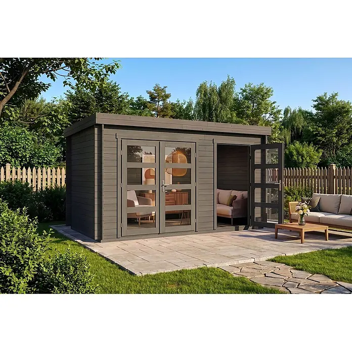 Alpholz Gartenhaus Paloma Grande 28mm Wandstärke - Außenmaß inkl. Dachüberstand (B x T): 398 x 230 cm, Holz, Anthrazitgrau - Dunkelgrauer Gartenpavillon mit großen Glastüren und offener Seite auf einer Terrasse in einem üppigen Garten, zum Entspannen eingerichtet.