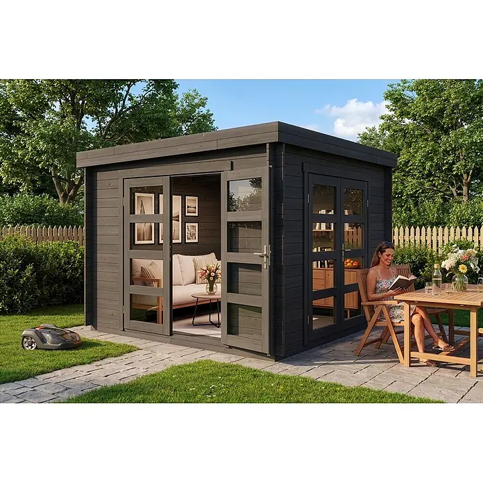 Alpholz Gartenhaus Paloma Beach 28mm Wandstärke - Außenmaß inkl. Dachüberstand (B x T): 298 x 298 cm, Holz, Anthrazitgrau - Modernes, dunkelgraues Gartenhaus mit großen Glastüren und Flachdach.