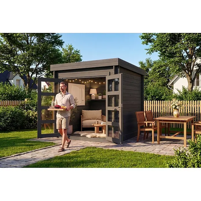 Alpholz Gartenhaus Paloma Petit 28mm Wandstärke - Außenmaß inkl. Dachüberstand (B x T): 230 x 230 cm, Holz, Anthrazitgrau - Dunkelgraues Holzgartenhaus mit Glastüren, eingerichtet als gemütlicher Rückzugsort im Garten.