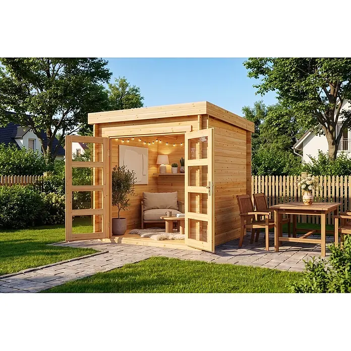 Alpholz Gartenhaus ECO Set Paloma Petit 28mm Wandstärke - Außenmaß inkl. Dachüberstand (B x T): 230 x 230 cm, Holz, Naturbelassen - Helle Gartenhütte aus Holz als gemütlicher Entspannungsbereich im Freien mit Lichterkette und Möbeln, neben passender Terrassengarnitur.